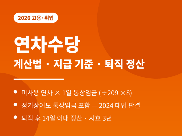 연차수당 2026 - 계산법 1일 통상임금 곱하기 미사용 연차, 월 통상임금 나누기 209 곱하기 8, 퇴직 시 14일 이내 정산, 시효 3년
