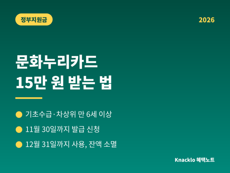 문화누리카드 2026 - 연 15만원 지원, 기초수급 차상위 만 6세 이상, 11월 30일까지 발급, 12월 31일까지 사용