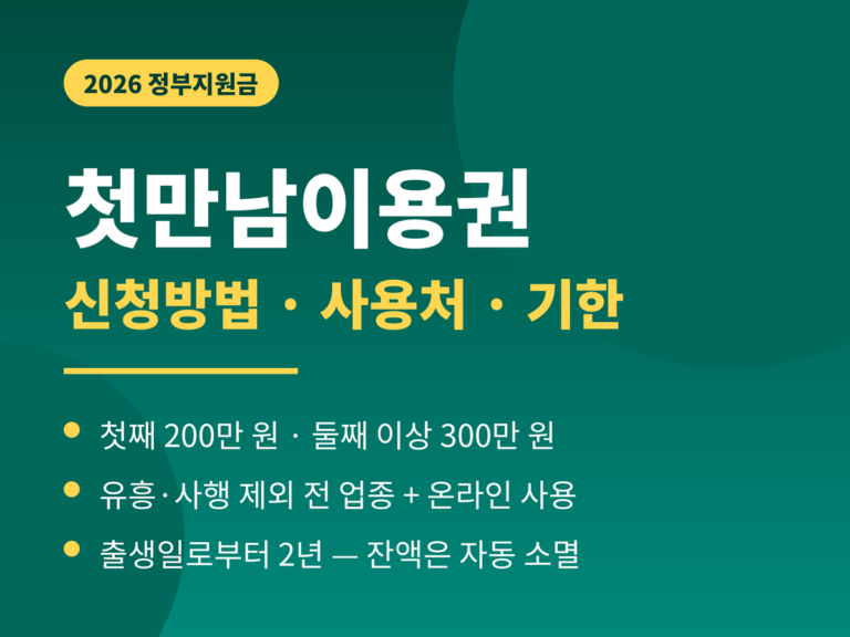 첫만남이용권 2026 - 첫째 200만원 둘째 이상 300만원, 국민행복카드 바우처, 출생일로부터 2년 사용, 유흥 사행 제외 전 업종