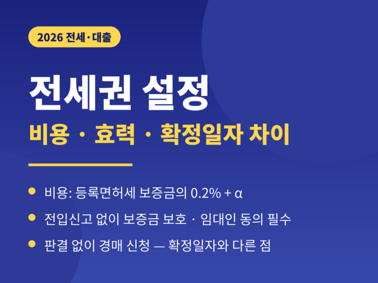전세권 설정 2026 - 등록면허세 0.2% 비용, 전입신고 없이 보증금 보호, 판결 없이 경매 신청, 임대인 동의 필요