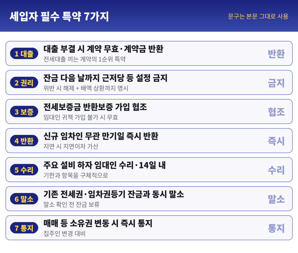 전월세 계약 특약 인포그래픽 - 필수 특약 7가지 대출 부결 반환, 권리 설정 금지, 보증보험 협조, 즉시 반환, 수리 책임, 기존 등기 말소, 소유권 변동 통지