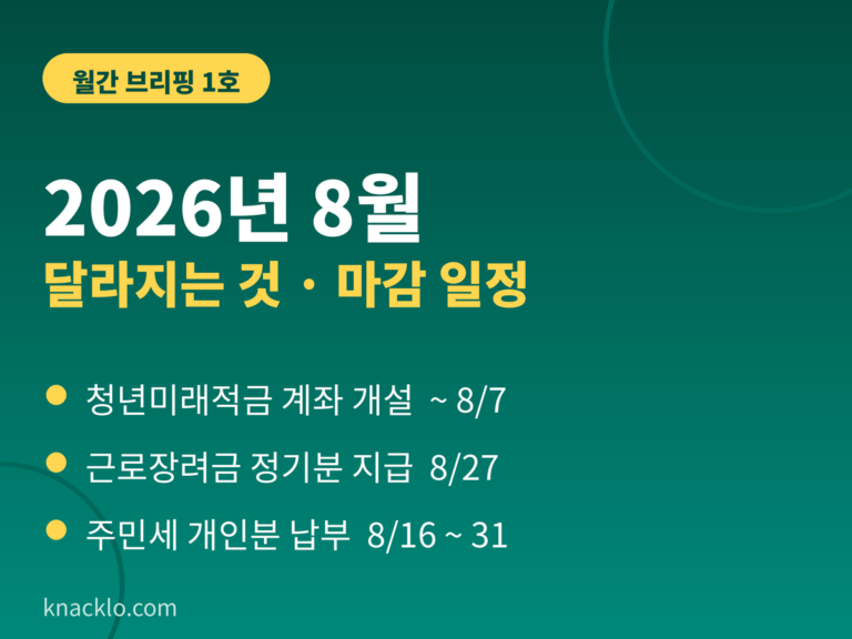 2026년 8월 달라지는 것 마감 일정 — 청년미래적금 개설 8월 7일, 근로장려금 8월 27일 지급, 주민세 8월 납부