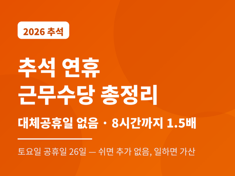 2026 추석 연휴 근무수당 총정리 — 대체공휴일 없음, 휴일근로 8시간까지 1.5배, 토요일 공휴일 26일 처리