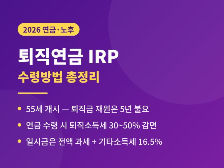 퇴직연금 IRP 수령방법 2026 - 55세 연금 개시, 퇴직금 재원 5년 불요, 연금 수령 시 퇴직소득세 30~50% 감면, 일시금 전액 과세