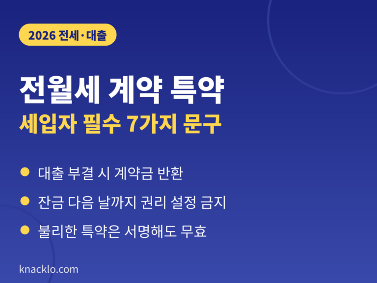 전월세 계약 특약 2026 - 세입자 필수 특약 7가지 문구, 무효 특약 기준, 대출 부결 반환·근저당 금지·보증보험 협조