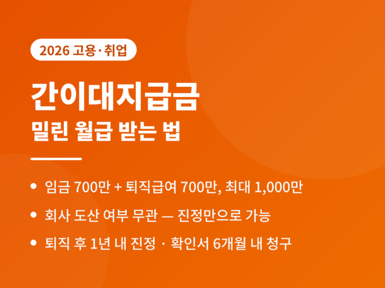 간이대지급금 2026 - 임금 체불 시 국가가 대신 지급, 임금 700만원 퇴직급여 700만원 합산 최대 1000만원, 회사 도산 여부 무관, 근로복지공단 청구